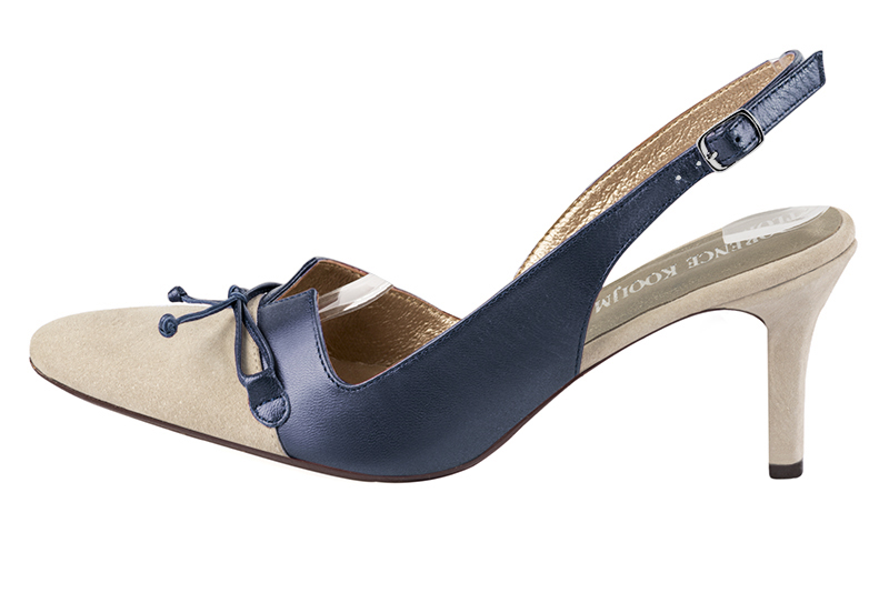 Champagne white and prussian blue women's open back shoes, with a knot. Tapered toe. High slim heel. Profile view - Florence KOOIJMAN